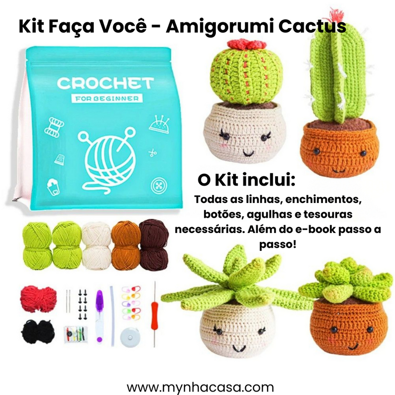 Kit Crochê Completo Materiais e Passo a Passo Amigorumi Cactus