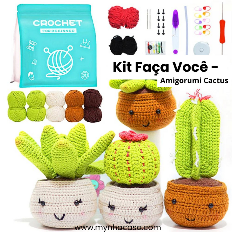 Kit Crochê Completo Materiais e Passo a Passo Amigorumi Cactus